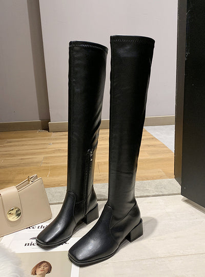 Thick Square-toe Suede Elastic Boots