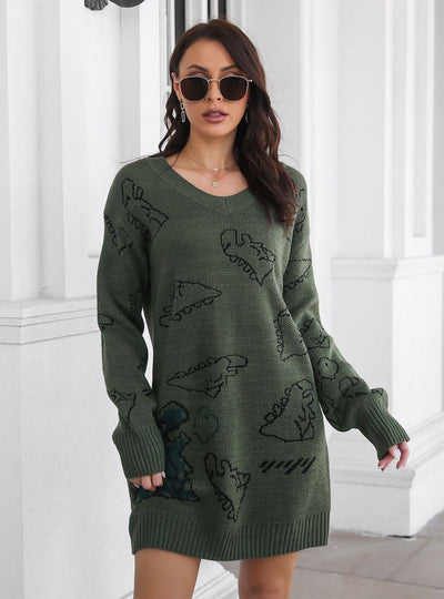 Dinosaur Jacquard V-neck Long Sleeve Sweater Dress