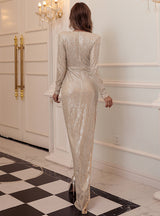 Long Sleeve V-neck Long Skirt Split Dress