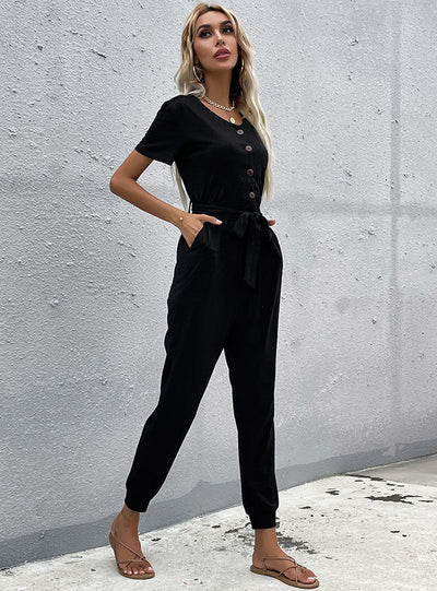 Slim-fit Button Leg Pants Black Jumpsuit