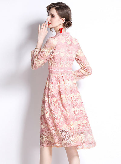 Lace Long Sleeve Stand Collar Dress