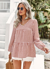 Loose Casual V-neck Plaid Top