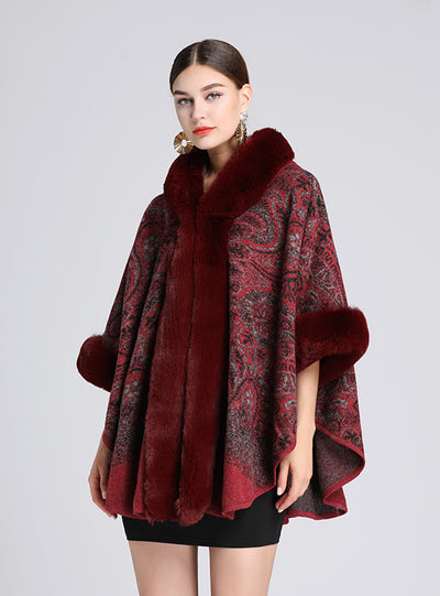 Women Collar Jacquard Hooded Shawl Cloak