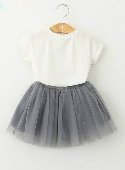 Cartoon Kitten Printed T-Shirts+Net Veil Dress