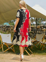 Printed Contrast Stitching Short Sleeve Big Swing Dress