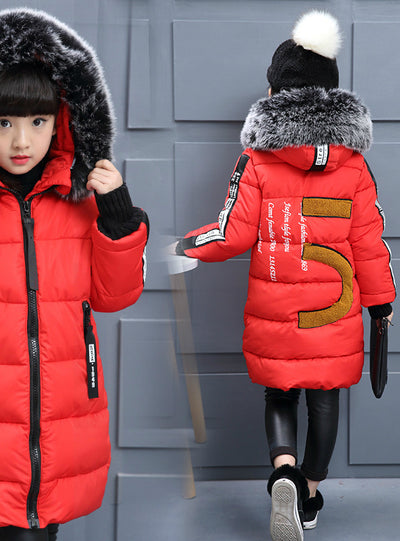 Winter Cotton Jackets Girls Fur Collar Letters Coats 