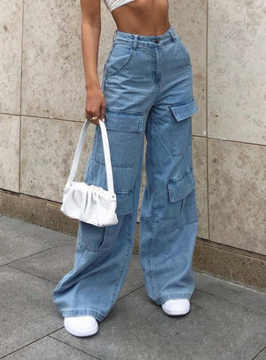 Large Pocket Loose Ladies Jeans Pants