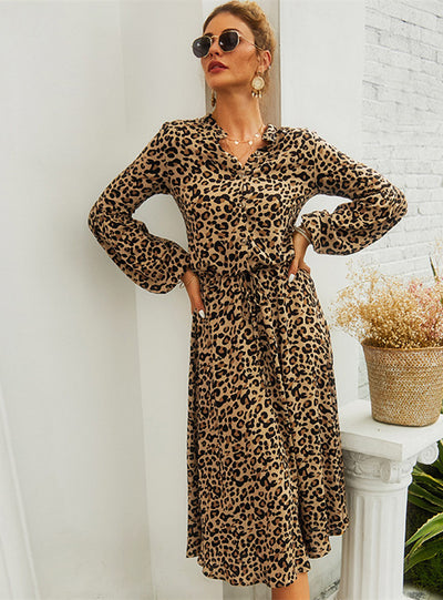 Women High Waist Long Sleeve Leopard Midi Dress