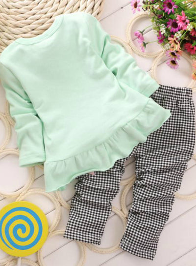 2pcs Kids Twinset Top T Shirt +Plaid Pants Leggings