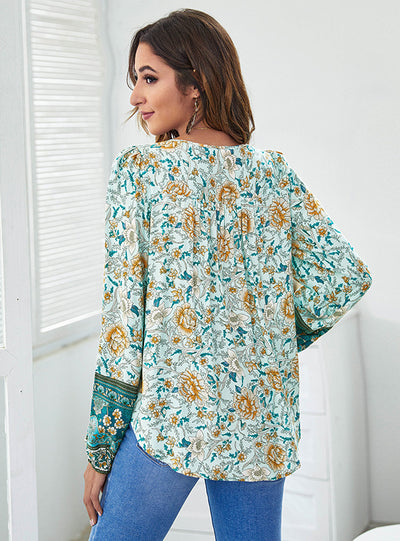 V-neck Printed Loose Lantern Long Sleeve Blouse