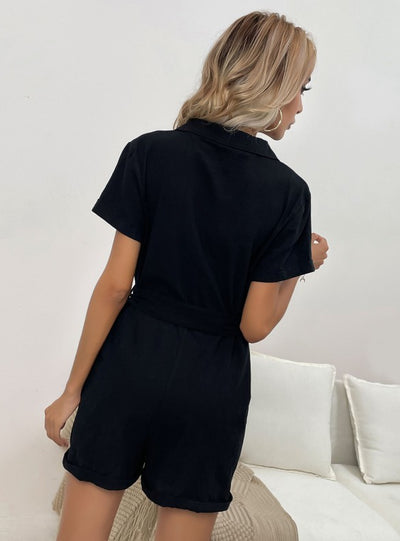 V-neck Cotton Lapels Jumpsuit