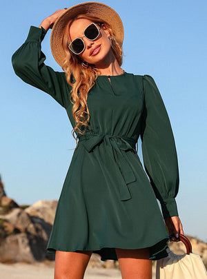 Round Neck Long Sleeve Green Dress