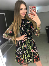 Women Floral Embroidery Dress O Neck Long Sleeve