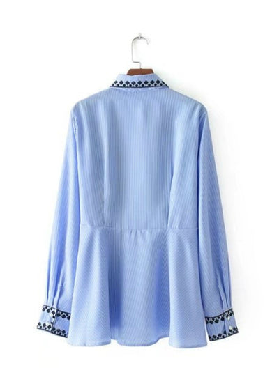 Embroidery Striped Blouse Shirt Long Sleeve Tops