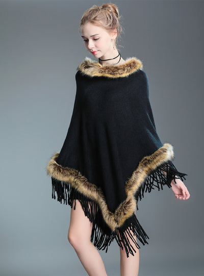 Wool Collar Shawl Cloak Knit Pullover Fur Cloak