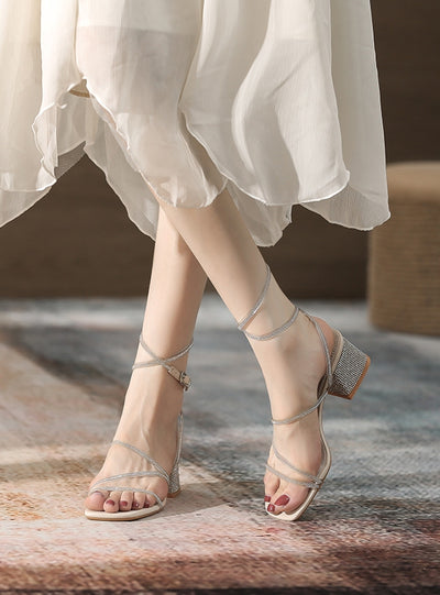 Thick-heeled Rhinestone Sandals