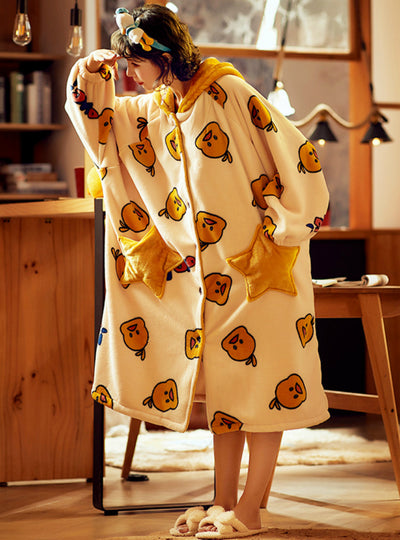 Coral Velvet Little Yellow Duck Hooded Flannel Bathrobe