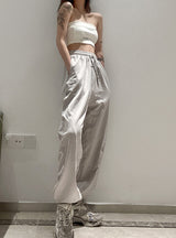Solid Color Embroidered High Waist Casual Pants