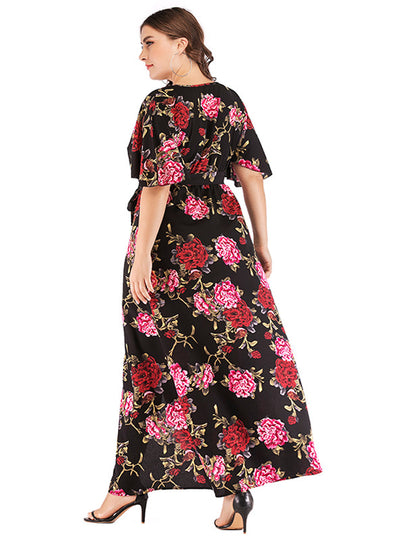 Printed V-neck Short Sleeve Bohemian Split Dress