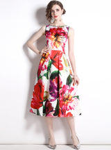 Printed Sleeveless Big Swing Waist Dress