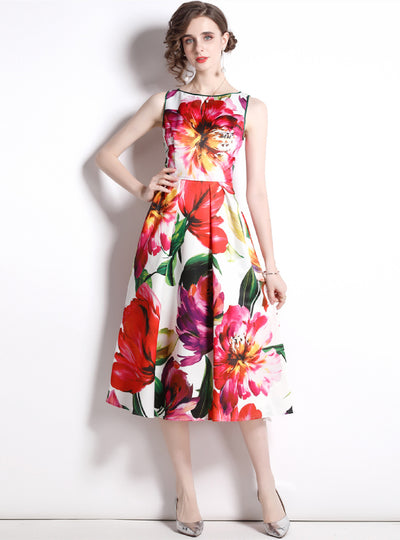 Printed Sleeveless Big Swing Waist Dress
