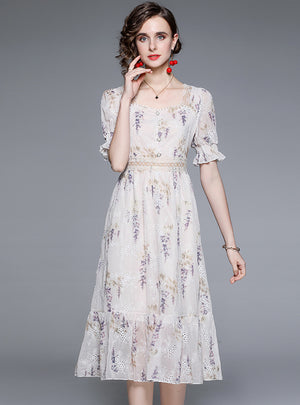 Retro Floral Square Collar Bubble Sleeve Dress