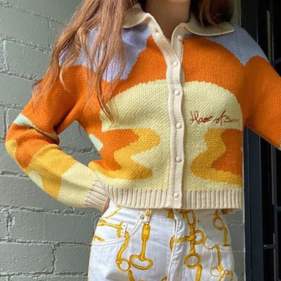 French Style Sunshine Print Short Knitted Sweater