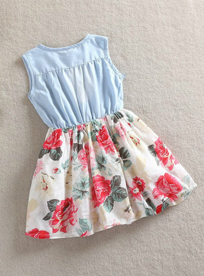 Sleeveless Denim Floral Dresses With Button Kids Princess