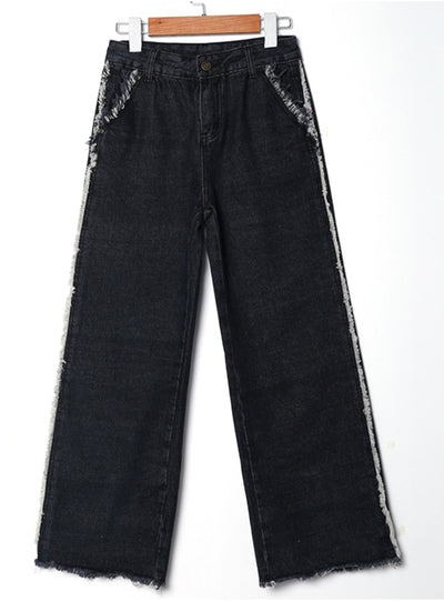 Wide Leg Tassel Fringe Ankle Length Denim Pants