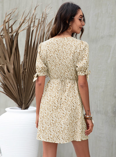 V-neck Temperament Bow Print Dress