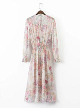 Long Sleeve Floral Dress Elastic Waist Casual Midi Dress