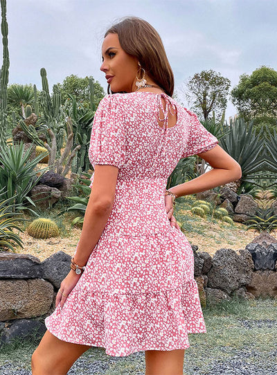 Pink Casual V-neck Ruffled Stitching Dress