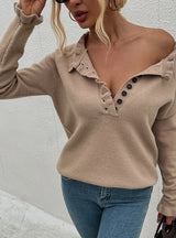 Women Wooden Ear Button Sweater Top