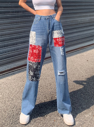 Contrast Color High Waist Hole Jeans