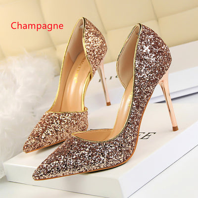 Shallow Pointed Side Hollow Sequined Shoes