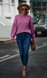 Round Neck Pleated Lantern Sleeve T-shirt