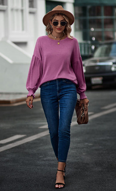 Round Neck Pleated Lantern Sleeve T-shirt