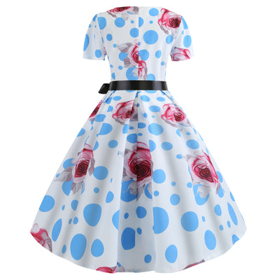 Retro Short Sleeve Printed Lace Dress