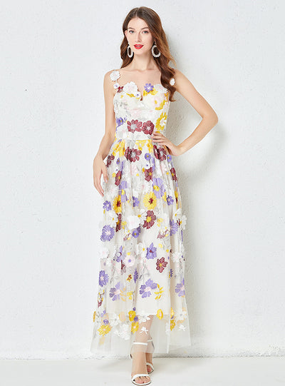 Embroidery Floral Sling Long Dress