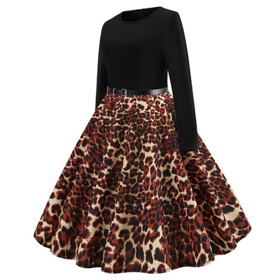 Retro Leopard Print Long Sleeve Dress