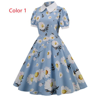 Printed Short Sleeve Doll Collar Printed Dress