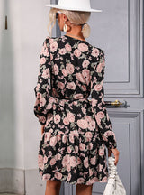 Printed V-neck Long Sleeve Dress