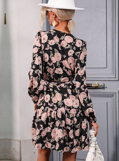 Printed V-neck Long Sleeve Dress