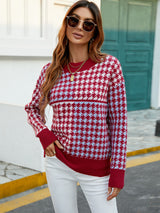 Round Neck Houndstooth Contrast Sweater
