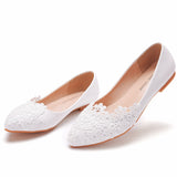 White Pointy Casual Flat Shoes Lace Wedding Shoes