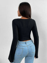 V-neck Irregular Knitted Long Sleeve T-shirt