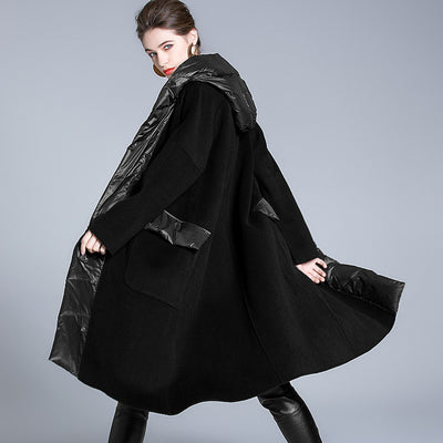 Thickened Long Woolen Stitching Hooded Jacket