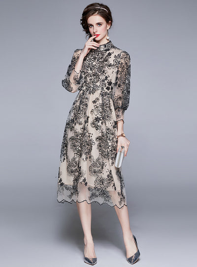 Long Slim Gauze Embroidery Dress