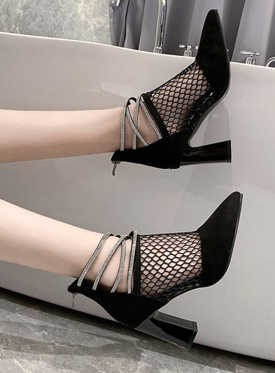 Mesh Pointed Thick Heel Hollow High Heel Cool Boots