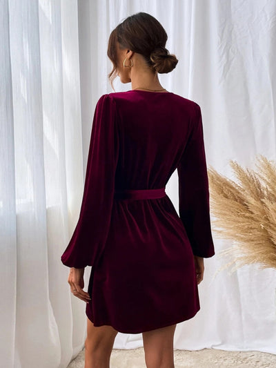V-neck Long Sleeve Velvet Dress